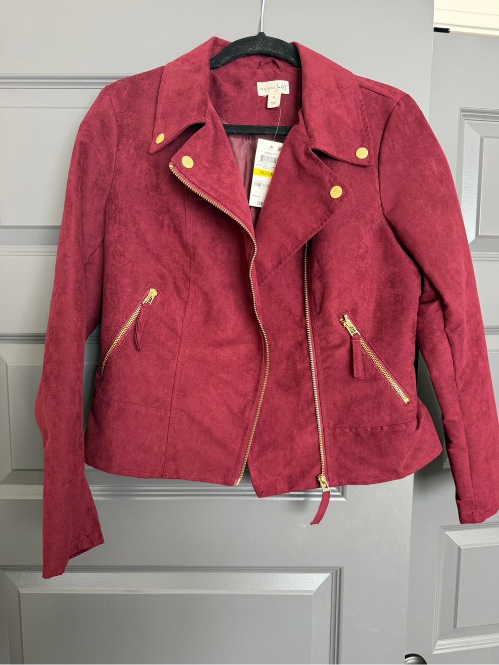 Maison Jules Burgundy Faux Suede Moto Jacket with Gold Hardware